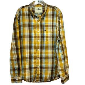 Carbon Men's XXL Button Down Shirt Brown Blue Yellow Gold Plaid Cotton L/S